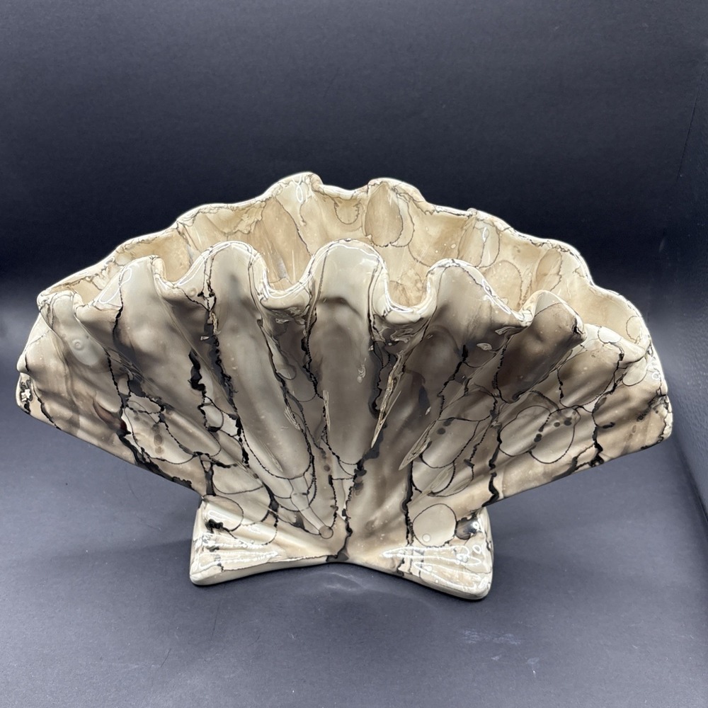 Mid-Century Studio Pottery Signed Eunice Lasecke Fan Shell Vase Marbleized Glaze